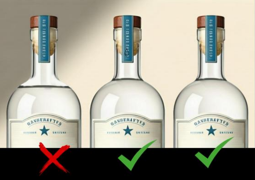 Comparação entre três garrafas de bebida alcoólica, com indicação visual de verificação: a garrafa à esquerda está marcada com um X vermelho, enquanto as duas à direita estão marcadas com símbolos de confirmação verdes, destacando diferenças no alinhamento do rótulo e no acabamento do lacre no gargalo como sinais de autenticidade.