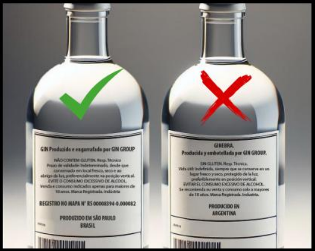 Imagem comparativa entre duas garrafas de bebida alcoólica vistas pelo verso do rótulo, com indicação de autenticidade: a garrafa à esquerda apresenta marcação verde de confirmação e informa produção no Brasil, enquanto a garrafa à direita está marcada com um X vermelho e indica produção na Argentina, destacando diferenças nas informações do rótulo como critério de verificação.