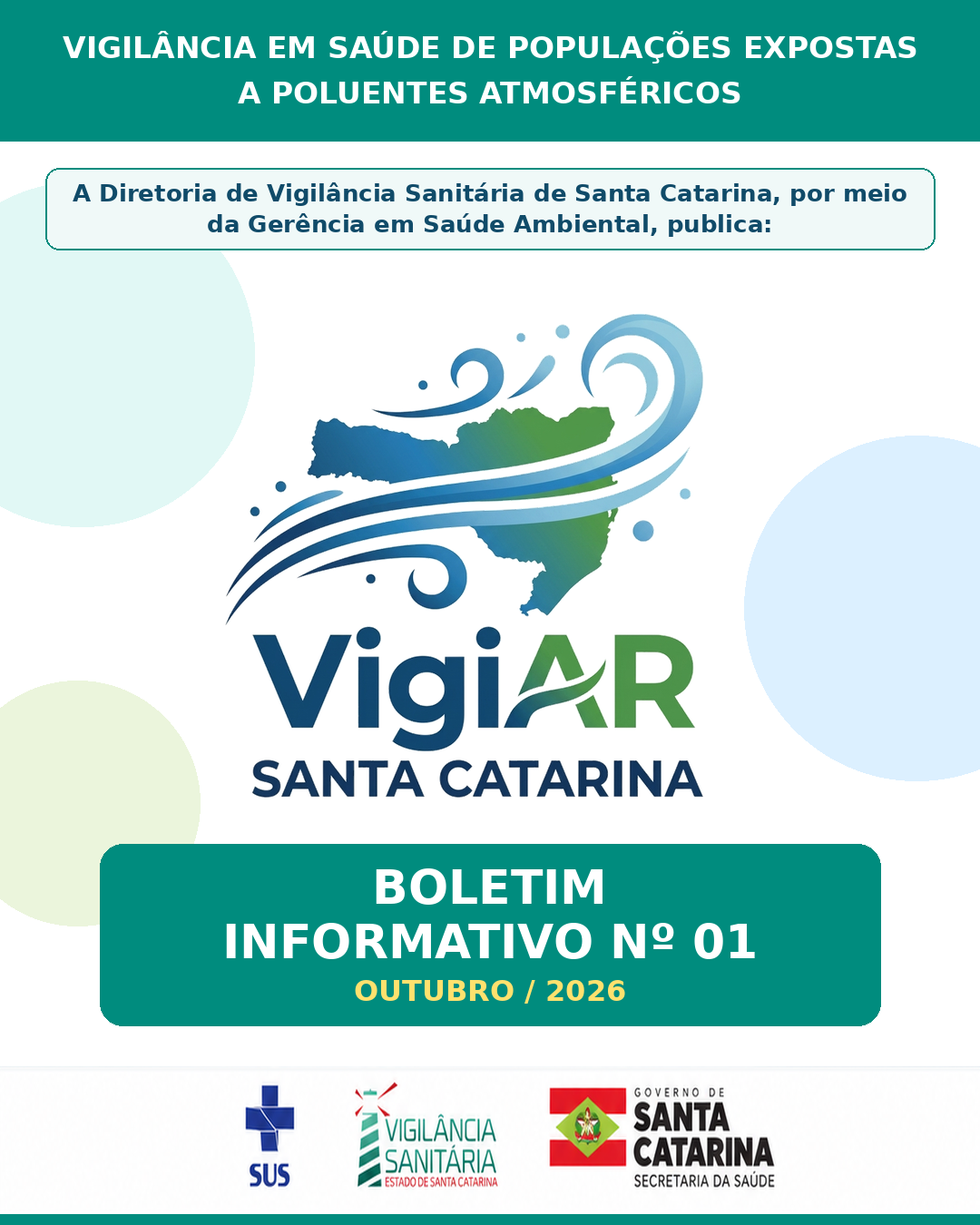Cartaz informativo do programa VigiAR Santa Catarina com o título Vigilância em Saúde de Populações Expostas a Poluentes Atmosféricos. Apresenta a publicação do Boletim Informativo Nº 01 - Outubro / 2026 pela Diretoria de Vigilância Sanitária por meio da Gerência em Saúde Ambiental. Ao centro, destaca-se o mapa de Santa Catarina sobreposto por ondas estilizadas de ar e o logótipo do VigiAR. Na parte inferior, constam os logótipos do SUS, da Vigilância Sanitária de Santa Catarina e do Governo de Santa Catarina.