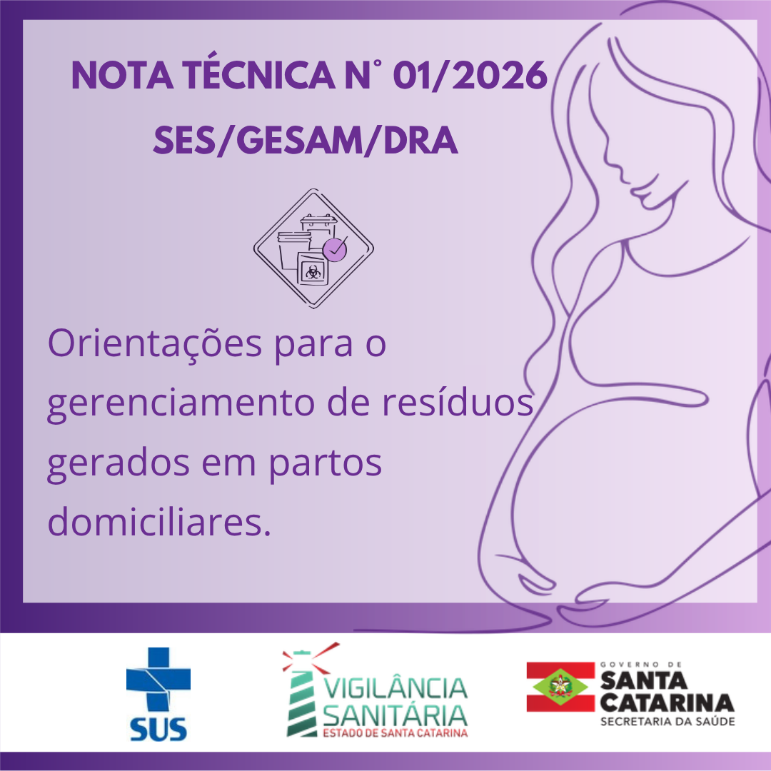 Banner da Nota Técnica nº 01/2026 SES/GESAM/DRA sobre orientações para o gerenciamento de resíduos gerados em partos domiciliares, com ilustração de gestante e logotipos do SUS, Vigilância Sanitária de Santa Catarina e Governo do Estado.