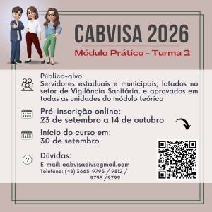 Inscrições para o Curso de Ações Básicas em Vigilância Sanitária - CABVISA 2026